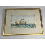 A CHARLES DIXON (1872-1934) MARITIME / NAVAL WATERCOLOUR OF GALLEON SHIP & SAILING BOAT, SIGNED