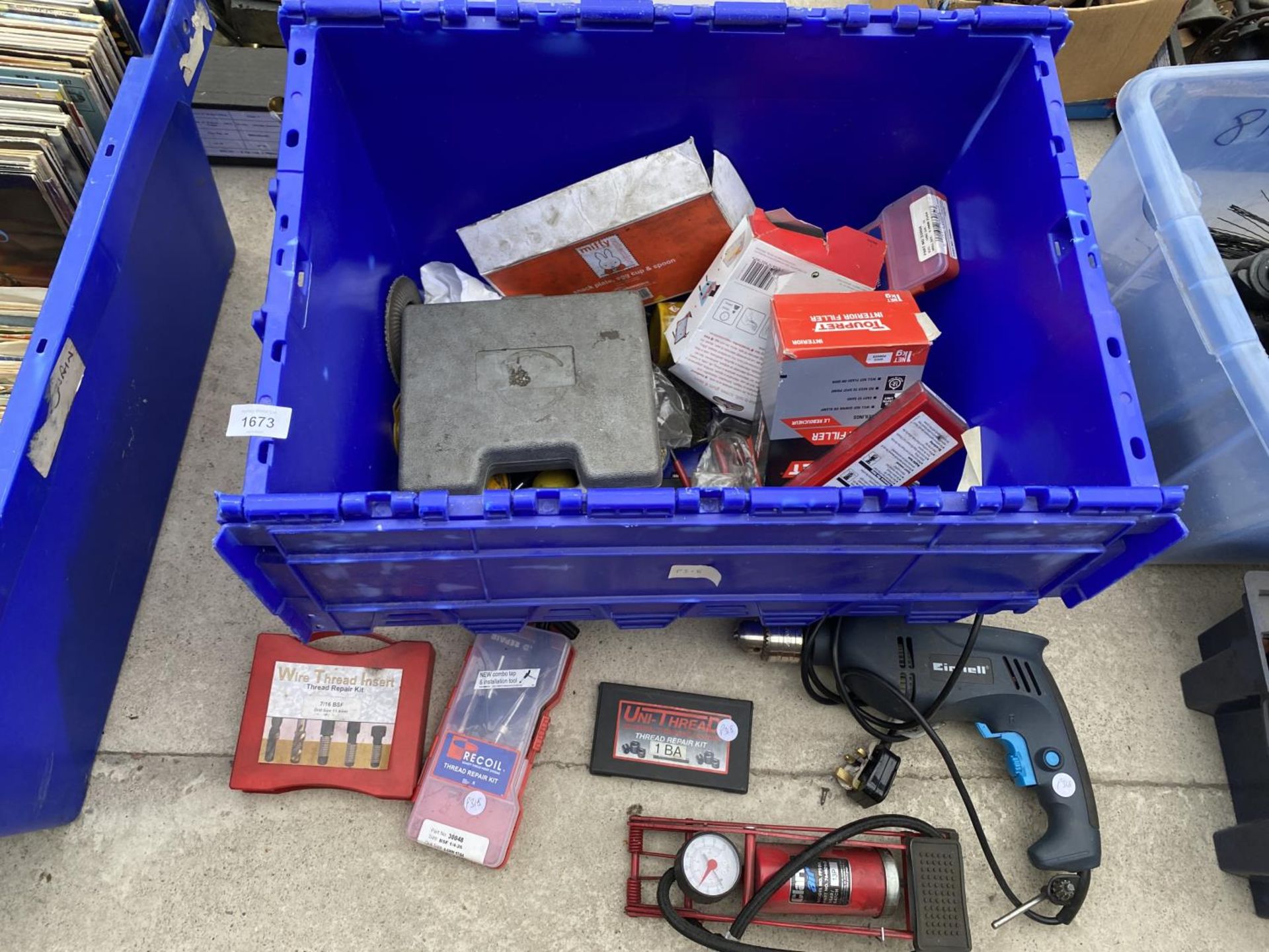AN ASSORTMENT OF TOOLS TO INCLUDE AN EINHILL ELECTRIC DRILL, A FOOT PUMP AND FILTERS ETC
