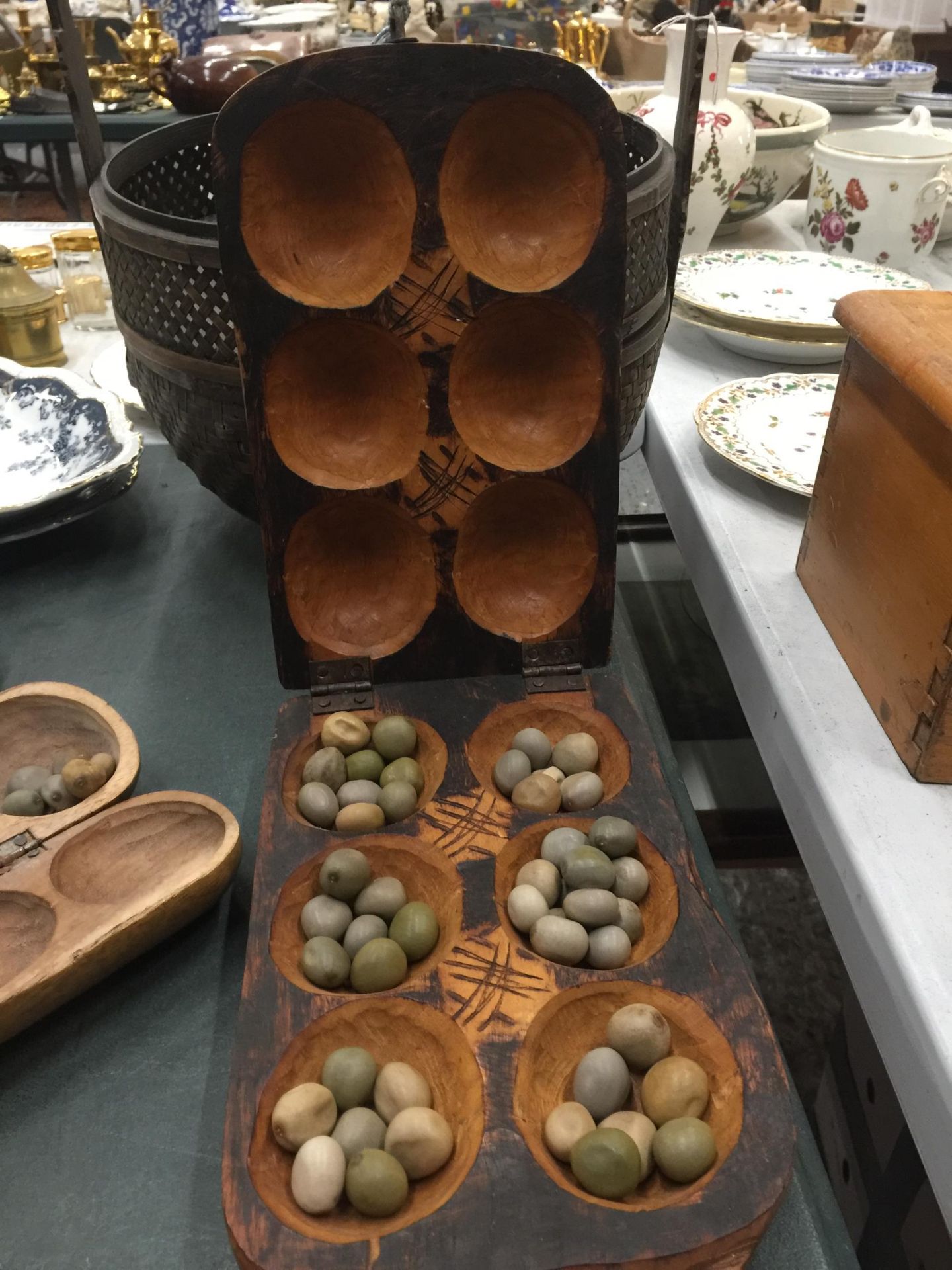 TWO VINTAGE AFRICAN MANCALA GAMES, A PINE BOX CONTAINING LABORATORY SLIDES AND AN ORIENTAL WEDDING - Image 2 of 4