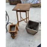 A MINITURE WOODEN WHEEL BARROW, A STOOL AND A VINTAGE WOODEN BOX
