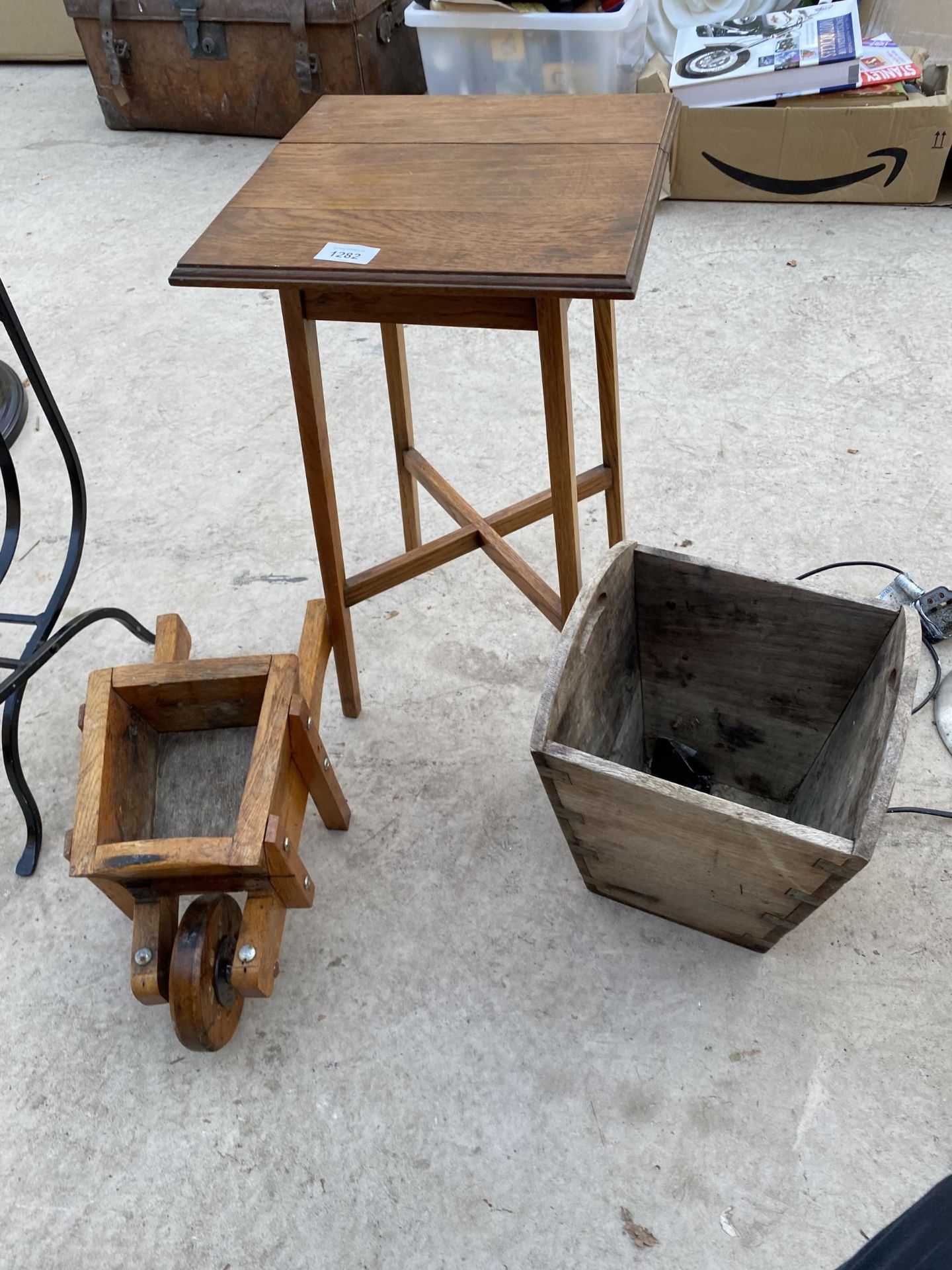 A MINITURE WOODEN WHEEL BARROW, A STOOL AND A VINTAGE WOODEN BOX