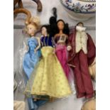 FOUR DISNEY DOLLS TO INCLUDE SNOW WHITE, PRINCE CHARMING