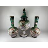 A SET OF THREE VICTORIAN GLASS VASES WITH BIRD & FLORAL DESIGN