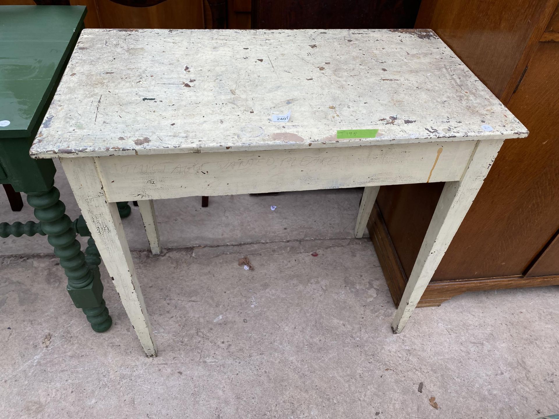 A WHITE PAINTED VICTORIAN STYLE SCULLERY TABLE, 33X18"