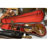 A 19TH CENTURY CASED VIOLIN WITH PAPER LABEL TO INTERIOR - 'JOANNES GEORGIUS' (DATE DIFFICULT TO