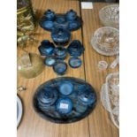 A QUANTITY OF BLUE CLOUD GLASSWARE TO INCLUDE A DRESSING TABLE SET, LIDDED POTS, CANDLESTICKS, ETC