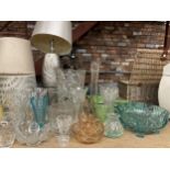 A LARGE QUANTITY OF CLEAR AND COLOURED GLASSWARE TO INCLUDE VASES, BOWLS, JUGS, ETC