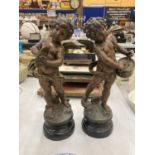 A PAIR OF FRENCH 19TH CENTURY SPELTER CHERUBS SIGNED L F MOREAUX HEIGHT 34CM