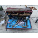 A VINTAGE WOODEN JOINERS CHEST WITH AN ASSORTMENT OF TOOLS TO INCLUDE A BRACE DRILL, SPANNERS AND