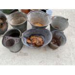 AN ASSORTMENT OF VINTAGE GALVANIUSED ITEMS TO INCLUDE THREE BUCKETS, TWO COAL BUCKETS AND A MOP