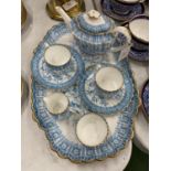A 19TH CENTURY COPELAND SPODE TEA FOR TWO BLUE AND WHITE SET COMPRISING TEAPOT, CUPS AND SAUCERS,