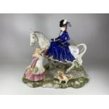 A LARGE COALPORT TABLEAU OF A LADY ON HORSEBACK, (A/F)