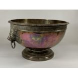 A LARGE & IMPRESSIVE WAKLEY & WHEELER HALLMARKED SILVER PUNCH BOWL WITH LION DESIGN RING HANDLES,