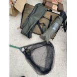 AN ASSORTMENT OF FISHING TACKLE TO INCLUDE A BROWNING LANDING NET AND A GROUND SHEET ETC