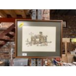 A SIGNED, LIMITED EDITION 124/800 PRINT OF A COMICAL BOOK STALL SCENE
