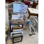 A LARGE ASSORTMENT OF FRAMED AND UNFRAMED PRINTS, PICTURES AND MIRRORS ETC