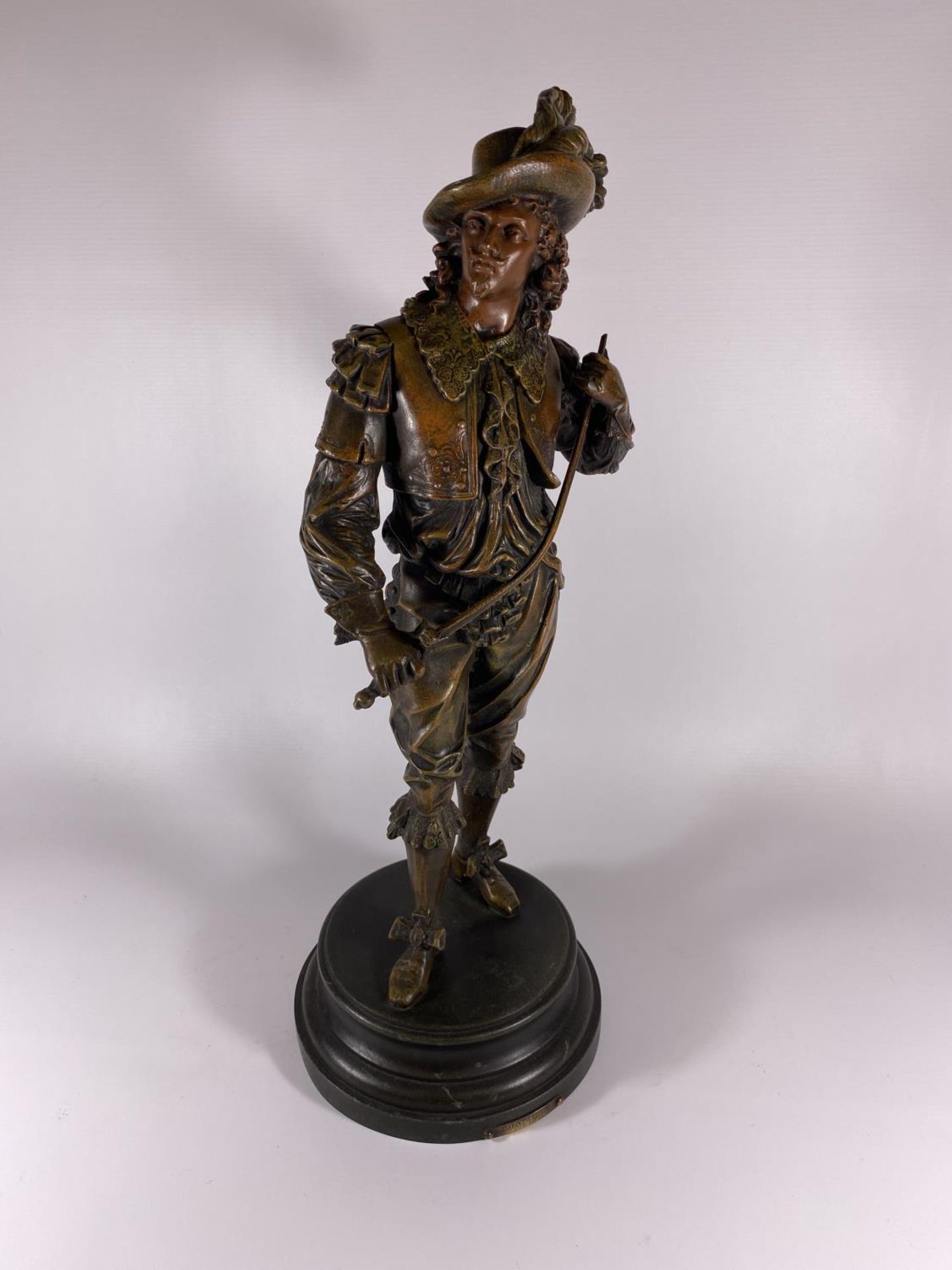 A LARGE SPELTER MODEL OF 'DON JUAN' WITH NAME PLAQUE TO BASE