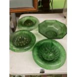 FOUR LARGE GREEN CLOUD GLASS BOWLS, THREE WITH FROGS