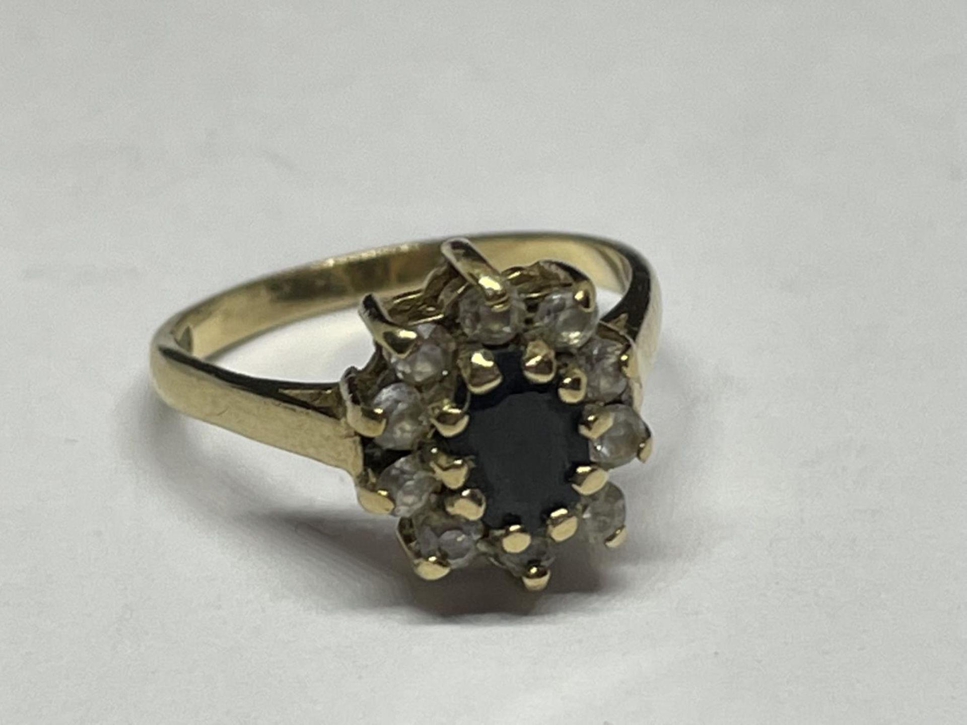 A 9 CARAT GOLD RING WITH A CENTRE SAPPHIRE SURROUNDED BY CUBIC ZIRCONIAS SIZE I