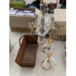 THREE ITEMS TO INCLUDE A PAIR OF WROUGHT IRON CROWN SHAPED POST TOPPERS (HEIGHT 35CM) AND A STEEL