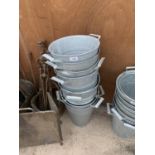 SEVEN GALVANISED FLOWER BUCKETS (SOME WITH INTERNAL BUCKET HOLDERS)