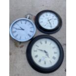 THREE VINTAGE STYLE WALL CLOCKS TO INCLUDE ONE IN THE FORM OF A POCKET WATCH ETC