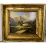 A POSSIBLY SWISS 19TH CENTURY OIL ON PANEL OF A FARM CHALET IN MOUTAINEOUS LANDSCAPE