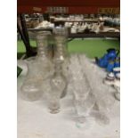 A QUANTITY OF VINTAGE GLASSWARE TO INCLUDE HOBNAIL DECANTERS, CANDLE VASES, JUGS, GLASSES, ETC, SOME