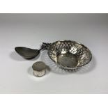 THREE ITEMS - HALLMARKED SILVER PIERCED PIN TRAY, SILVER SPOON AND FURTHER UNMARKED PILL BOX