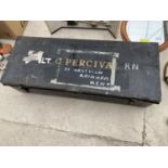 A LARGE VINTAGE METAL TRAVEL TRUNK BEARING THE NAME 'C PERCIVAL' AND A FURTHER SMALL METAL CHEST