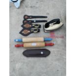 AN ASSORTMENT OF ITEMS TO INCLUDE PUSH PLATES, AN IRON AND ROLLING PINS ETC