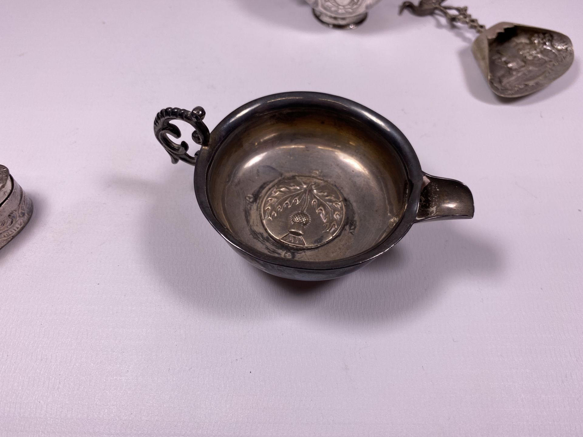 FOUR ITEMS - CONTINENTAL WHITE METAL PILL BOX, SCOOP, CUP & FURTHER DRINKING CUP - Image 3 of 5