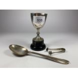THREE HALLMARKED SILVER ITEMS - SMALL TROPHY ON BASE, TABLE SPOON AND SUGAR TONGS
