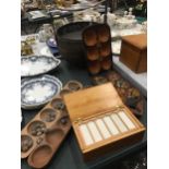TWO VINTAGE AFRICAN MANCALA GAMES, A PINE BOX CONTAINING LABORATORY SLIDES AND AN ORIENTAL WEDDING