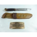 A HUNTING KNIFE AND SCABBARD, 19CM BLADE, REED PRENTICE CORP PLAQUE (2)