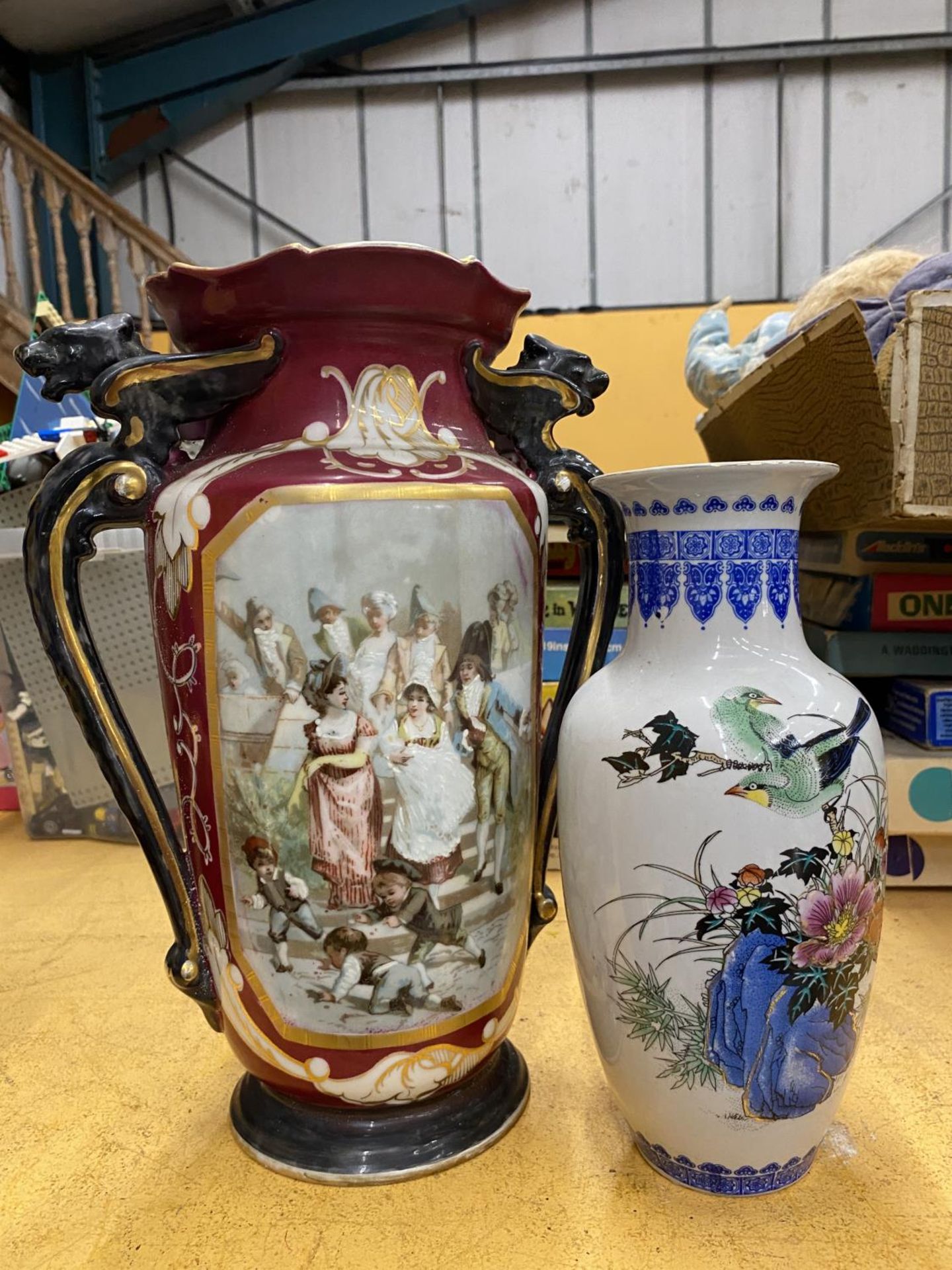 TWO ITEMS - A LARGE CONTINENTAL HAND PAINTED VASE WITH FIGURAL DESIGN AND FURTHER ORIENTAL VASE