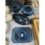 A LARGE AMOUNT OF BLUE CLOUD GLASSWARE TO INCLUDE TRAYS, BOWLS, FROGS, ETC.,