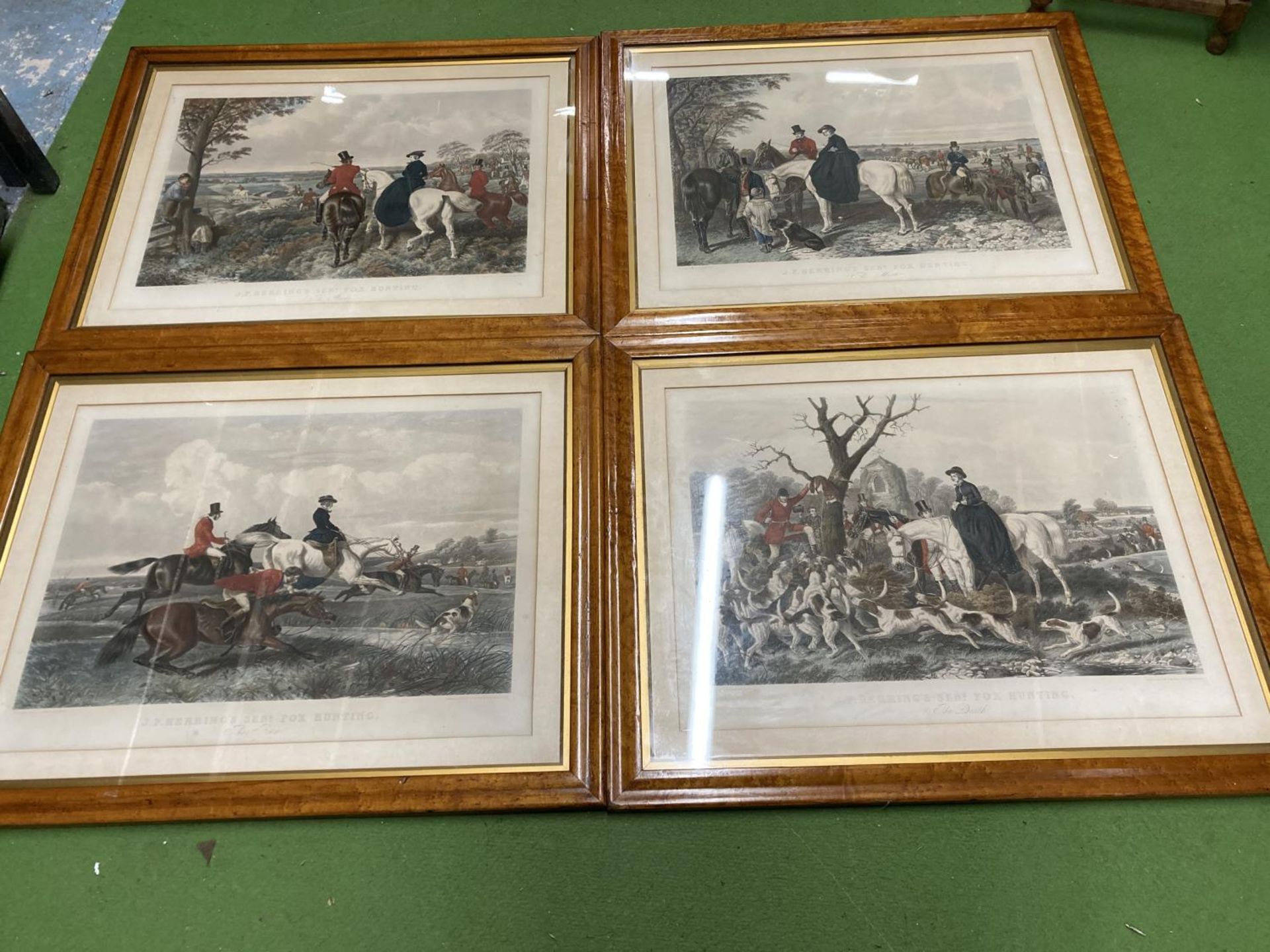 A SET OF FOUR WALNUT FRAMED HUNTING ENGRAVINGS BY J.P HERRING AND ENGRAVED BY J.HARRIS & C. QUENTERY