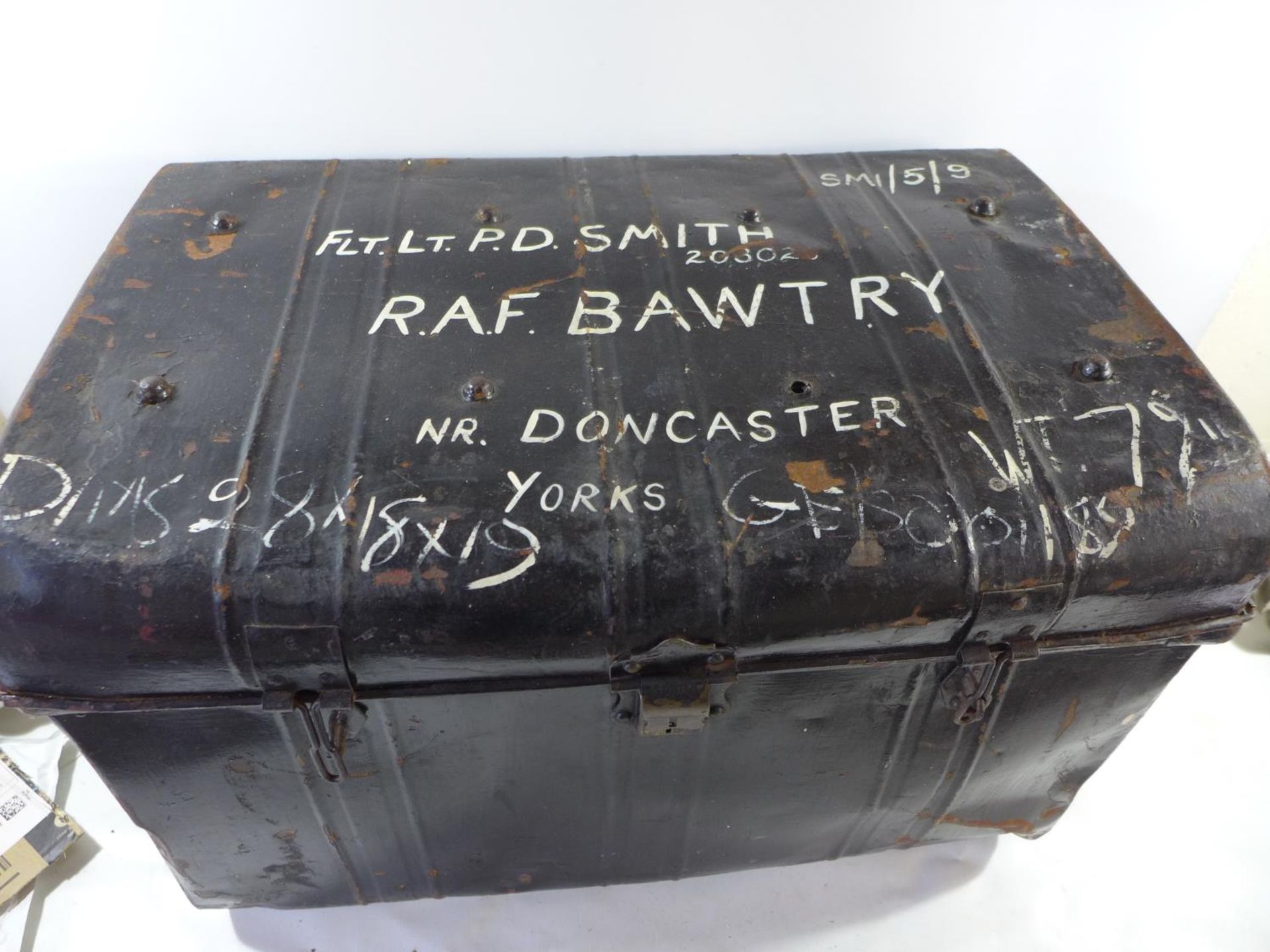 TWO PAINTED METAL TRUNKS RELATING TO FLIGHT LIEUTENANCE P.D. SMITH R.A.F.