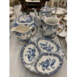 A QUANTITY OF BLUE AND WHITE WOOD AND SONS 'YUAN' POTTERY TO INCLUDE A SERVING DISH, AND JUGS PLUS A