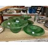 A QUANTITY OF GREEN CLOUD GLASS BOWLS PLUS ONE FROG