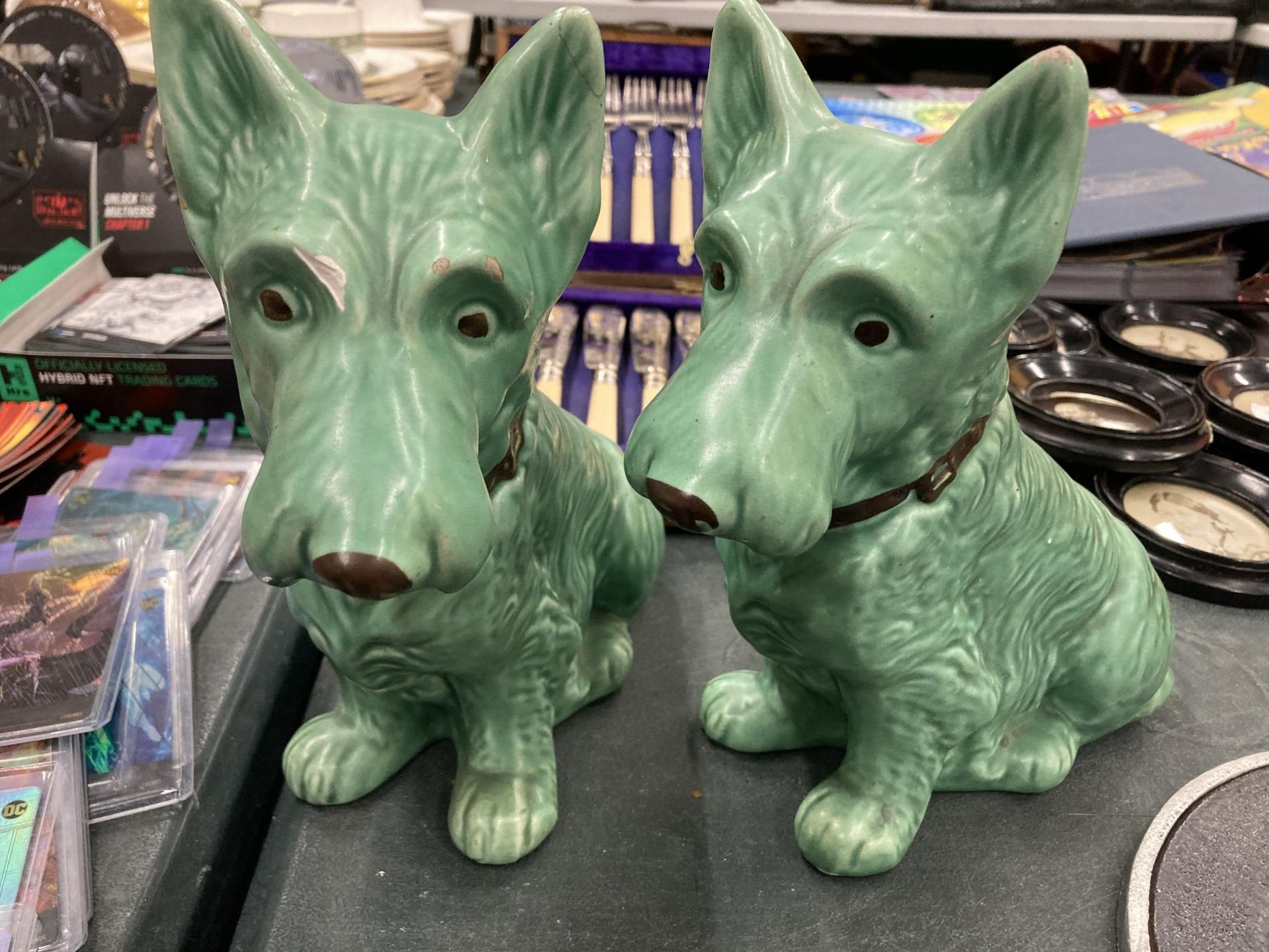 TWO LARGE GREEN SYLVAC STYLE DOGS HEIGHT 23CM - BOTH A/F