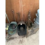 A LARGE ASSORTMENT OF VINTAGE FIRESIDE ITEMS TO INCLUDE THREE COAL BUCKETS, SCOOPS, COAL SHOVELS,