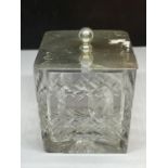 A HALLMARKED SHEFFIELD SILVER LIDDED SQUARE CUT GLASS POT (SLIGHT CHIPS TO EDGES OF THE POT)
