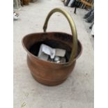 A COPPER COAL BUCKET AND AN ASSORTMENT OF FLATWARE