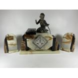 AN ART DECO MANTLE CLOCK WITH GIRL WITH BIRD FINIAL DESIGN AND SIDE GARNITURES