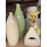 FOUR VASES OF WHICH THREE ARE MODERN IN STYLE AND ONE FLORAL A/F