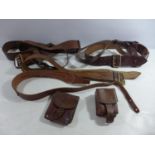 TWO MID 20TH CENTURY LEATHER SAM BROWNES, TWO LEATHER POUCHES AND A BELT