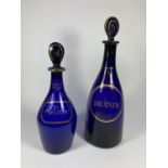 TWO GEORGIAN BRISTOL BLUE GLASS DECANTERS - 'BRANDY' & 'HOLLANDS'