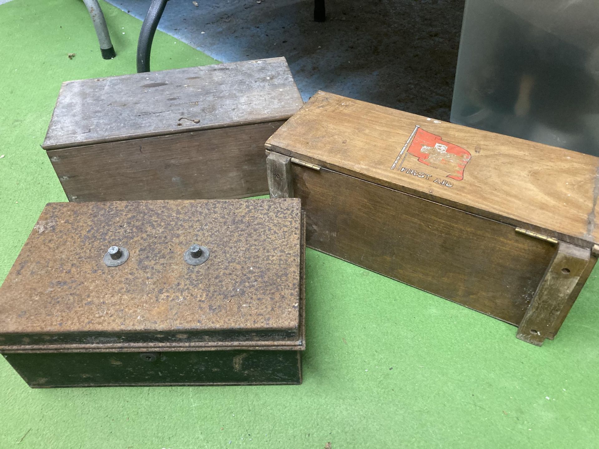 THREE VINTAGE BOXES TO INCLUDE A FIRST AID BOX, CASH TIN AND STORAGE BOX